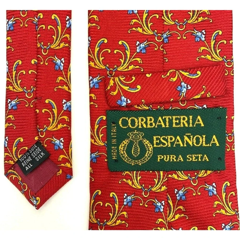 CORBATERIA ESPAÑOLA Tie 100% Silk Red w/ Yellow Blue Textured Floral Necktie